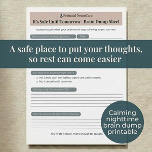 Op de afbeelding: Een afdrukbaar brain dump-blad met de tekst "It's Safe Until Tomorrow". Het blad bevat prompts voor het opsommen van gedachten en taken, met de slogan "Een veilige plek om je gedachten te plaatsen, zodat rust gemakkelijker kan komen."