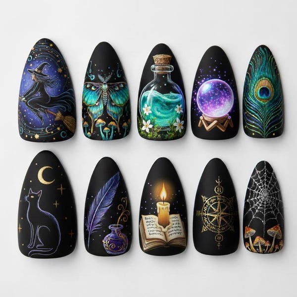 Witchy Magic Night Press on Nails, Halloween Cat Moon Nail Set, Potion Crystal Nail Art, Mystic Gothic Nails Gift