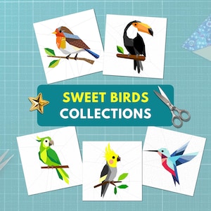 Könnte beinhalten: Fünf geometrische Vogelillustrationen auf weißen Quadraten, darunter ein Rotkehlchen, ein Tukan, ein Papagei, ein Nymphensittich und ein Kolibri. Der Text "SWEET BIRDS COLLECTIONS" befindet sich auf einem türkisfarbenen Banner. Ein goldener Stern und eine Schere sind ebenfalls vorhanden.