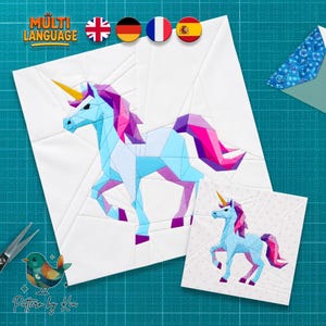 Eenhoorn FPP-quiltblokpatroon, foundation paperpiecing, magische dierenquilt, pdf-download