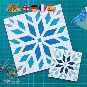 Snowflake Quilt Block, Wintern FPP Pattern, 4 Languages, Quilt Block Pattern : 6 Sizes, PDF Download, Foundation Paper Pieced