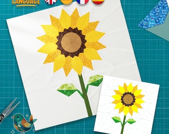 Motif de blocs de courtepointe tournesol : fondation en papier, 12 po. 15 po., téléchargement PDF
