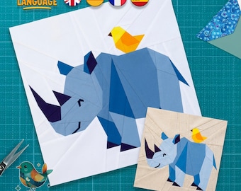 Rhino with Bird Quilt Block Pattern: Foundation Paper Piecing, Animals Quilt, PDF Download