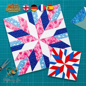 Op de afbeelding: Een vierkant quiltblok met een centraal sterpatroon gemaakt van roze wervel-, donkerblauw gespikkelde en lichtblauwe bloemmotief stoffen. Een kleiner, apart vierkant quiltblok met een rood, wit en blauw sterontwerp ligt ernaast.