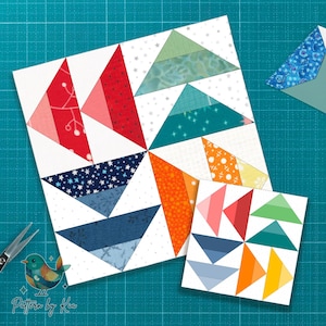 Puede incluir: Dos bloques de edredón cuadrados con un diseño de molinillo. El bloque más grande presenta triángulos en rojo, rosa, azul, naranja y verde. Un bloque más pequeño muestra un diseño similar. La imagen incluye tijeras y un logotipo que dice "Pattern by Kia."