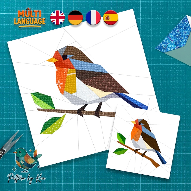Robin Bird Quilt Block Pattern, Bird Quilt Pattern, 12'', 15'', 4 Languages, Foundation Paper Piecing, PDF Download
