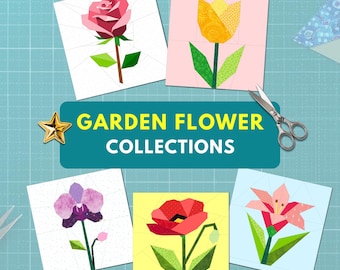 Garden Flower Collection, Flower Set of 5, Foundation Paper Piecing, PDF Download