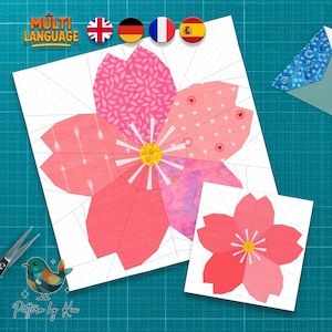 Kersenbloesem Quiltblokpatroon, 5 maten, foundation paperpiecing, pdf-download