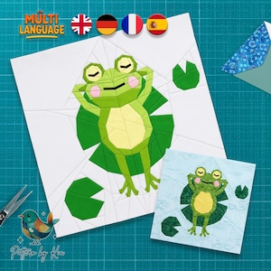 Chilling Frog Quilt Block Pattern, Foundation Paper Piecing, Animal Pattern (PDF Download, 3 Large Sizes, 4 Languages)