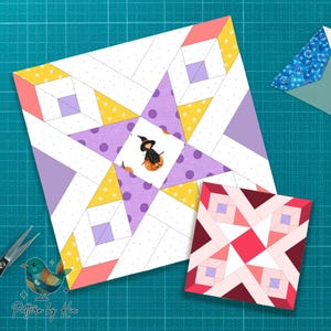 May include: Two colorful quilt blocks, one large and one small, with geometric patterns. The larger block features a star design with purple polka dots and a witch illustration. The smaller block has a pink and red geometric design. Scissors and a bird logo are also visible.