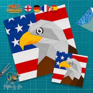 Padrão de bloco de patchwork com águia americana | Técnica de patchwork com papel | Águia-careca patriótica | Padrão para download digital em PDF