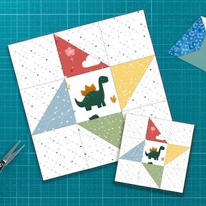 May include: Two square fabric patches with a dinosaur theme. The larger patch features a green dinosaur with orange spines, set against a white background with colorful triangles and a dotted pattern. A smaller patch mirrors the design.