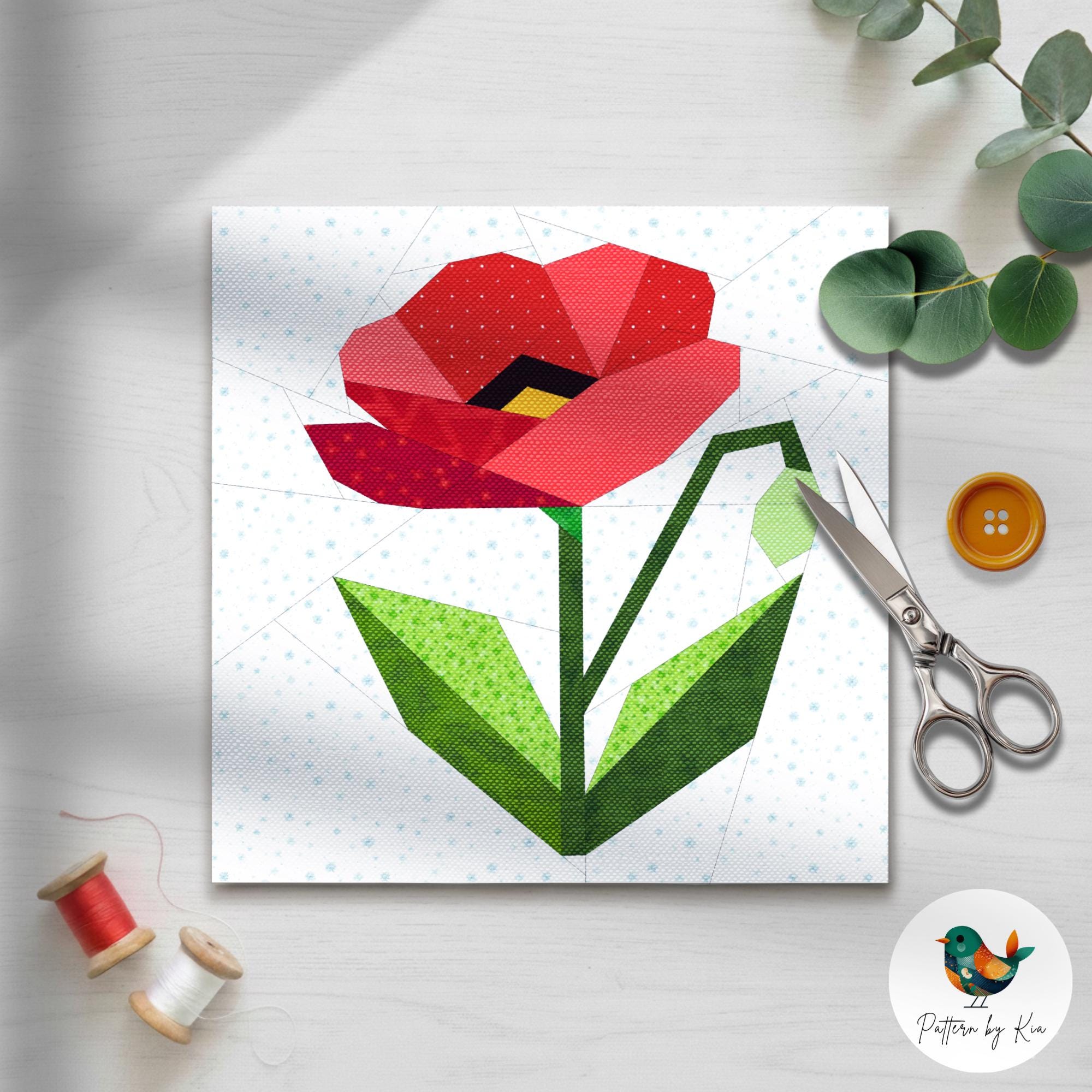 Poppy Flower Quilt Block Pattern, FPP 4 Sizes (PDF Download) - Etsy