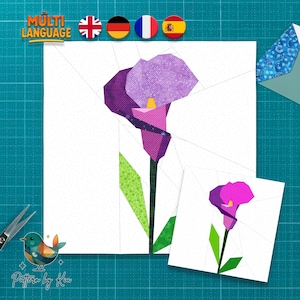 Patrón de bloque de edredón con flores de anturio, FPP tropical (descarga en PDF, 4 tamaños, instrucciones en varios idiomas)