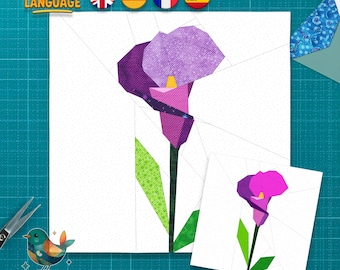 Motif de blocs de courtepointe fleurs d'anthurium, FPP tropical (téléchargement PDF, 4 tailles, instructions multilingues)