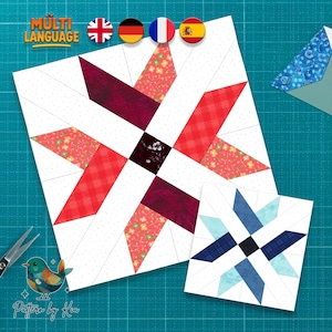 Puede incluir: Dos bloques de edredón con diseños de estrella. El bloque más grande presenta telas rojas, burdeos y estampadas sobre un fondo blanco. Un bloque más pequeño muestra un diseño similar en tonos azules. La imagen incluye el texto "Multi Language" y "Pattern by Kia".