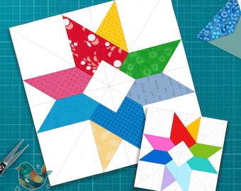 Star Flower Quilt Block FPP Pattern, Scrappy Star Design (PDF Download)