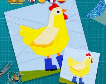 Little Hen in Boots, Foundation Paper Piecing, Farm Animal Pattern, Chicken Quilt Block,PDF Download