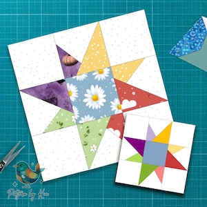 May include: A colorful quilt block design featuring a star pattern with various fabric patterns. The central square has a blue background with white daisies. The star points are yellow, red, green, and purple. A smaller version is also shown.