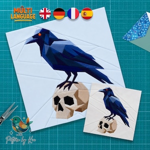 Raven and Skull Quilt Block Pattern, Halloween FPP Pattern, Foundation Paper Piecing, Halloween Quilt, PDF Download