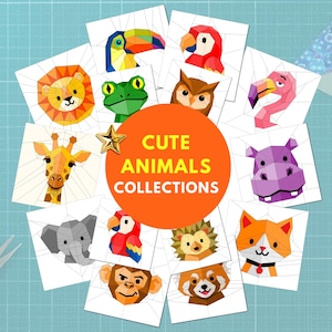 Puede incluir: Ilustraciones geométricas de animales, como un león, un tucán, un búho y un flamenco, dispuestas alrededor de un círculo naranja. El círculo tiene el texto "CUTE ANIMALS COLLECTIONS". También se incluye una estrella dorada.