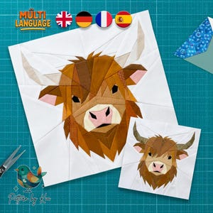 May include: Two white fabric squares featuring a geometric design of a Highland cow's face in shades of brown and tan. The larger square has the text "Multi Language" and flags of the UK, Germany, France, and Spain.