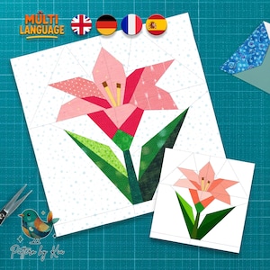 Quiltblokpatroon leliebloem: FPP, 4 maten (pdf-download, 4 talen)