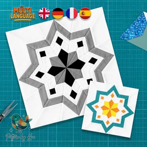 Peut inclure: Deux blocs de courtepointe en forme d'étoile. Le plus grand bloc présente un motif d'étoile gris, noir et blanc. Le plus petit bloc a un motif d'étoile turquoise, orange et jaune. L'image comprend le texte "MULTI LANGUAGE" et un logo "Pattern by Ksu".