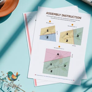 May include: Assembly instruction sheets for a quilt project. The instructions show diagrams with numbered sections and the text "Sew section" with diagrams. The sheets are on a light blue surface with a decorative bird illustration.