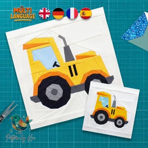 Schema per blocco di trapunta a forma di trattore, tecnica Foundation Paper Piecing, trapunta per bambino (download PDF)