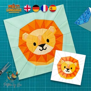 May include: A geometric lion design in shades of orange, yellow, and light blue. The lion's face is the focal point, with a detailed mane and facial features. The image includes the text "MULTI LANGUAGE" and a small illustration of a bird.
