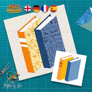 Bloque de edredón "Pareja de libros", patrón de edredón de biblioteca, 5 tamaños, patchwork de papel base, descarga en PDF