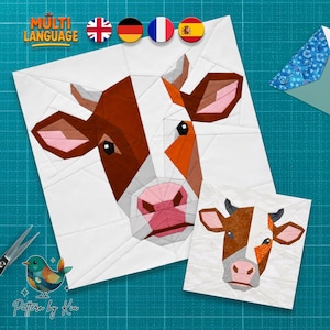 May include: A paper piecing quilt pattern featuring a geometric cow head design in brown, white, orange, and pink. The image displays two versions of the cow illustration, one larger than the other, with visible seam lines and fabric segments.