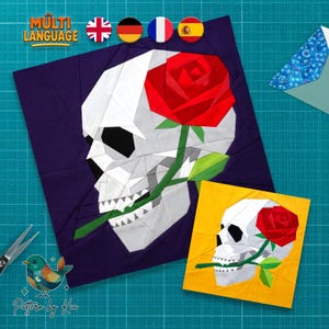 May include: A foundation paper piecing quilt block pattern featuring a geometric skull with a red rose held in its teeth. The design is presented in two colorways: one with a dark purple background and one with a bright yellow background.