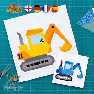 May include: A paper craft pattern featuring a large yellow excavator and a smaller blue excavator on white backgrounds. The design includes geometric shapes representing the construction vehicles with tracks, cabs, and articulated arms.
