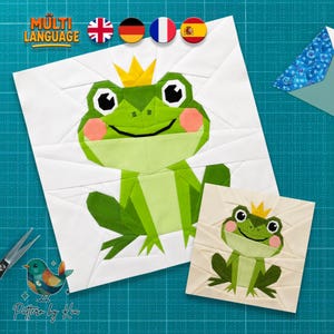 Motif de blocs de courtepointe FPP Prince Frog | Fond de teint motif grenouille | Bloc de courtepointe animal mignon | Patron PDF à télécharger