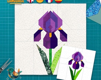 Bloc de courtepointe fleur d'iris, motif d'assemblage de papier de base, téléchargement immédiat au format PDF