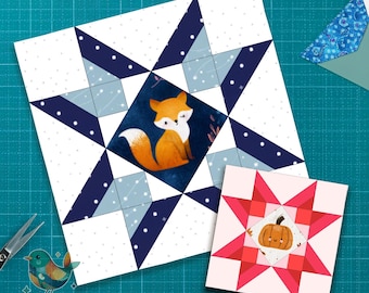 Puede incluir: Dos bloques de edredón en una esterilla de corte turquesa. Un bloque presenta una ilustración de zorro en un patrón de estrella con detalles en azul marino y azul claro. El segundo bloque tiene una ilustración de calabaza en un patrón de estrella con detalles en rosa y rojo.