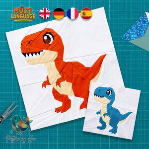 Patrón de bloque de colcha de dinosaurio T-Rex, técnica de patchwork con papel base, descarga en PDF