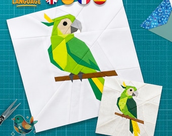 Parrot Quilt Block Pattern, Foundation Paper Piecing, Tropical Bird (PDF Download, 4 Languages)