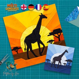 May include: A foundation paper piecing quilt block pattern featuring a black giraffe silhouette against a yellow and orange sunburst background, with a smaller blue-toned version showing a giraffe against a white sun and blue sky.