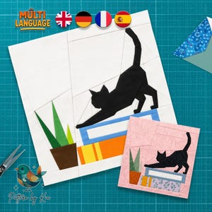 May include: A foundation paper piecing quilt block pattern featuring a black cat stretching on top of stacked books next to a potted plant. The design includes a white background version and a pink patterned version with a small bird logo.