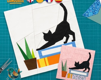 Cat and Books Quilt Block Pattern, Foundation Paper Piecing (PDF Download, 3 Sizes, 4 Languages)
