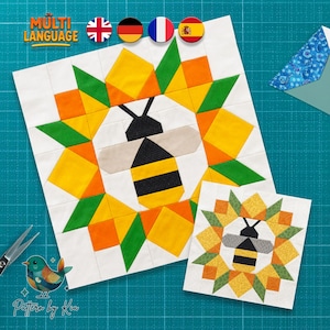 Garden Bee Quilt Block Pattern, Foundation Paper Piecing, Garden Animal (PDF Download, 3 Sizes, 4 Languages)