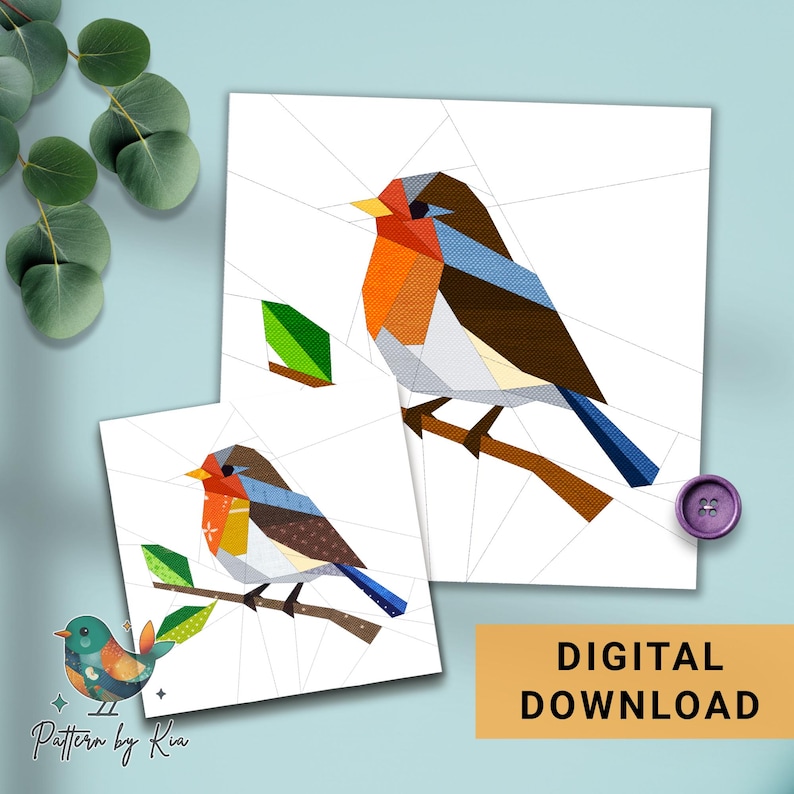 May include: Two geometric art prints of a robin bird perched on a branch. The birds feature orange, brown, blue, and white colors. The prints are on white backgrounds with a light blue backdrop. The text "DIGITAL DOWNLOAD" is on a gold rectangle.