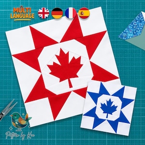 Könnte beinhalten: Zwei quadratische Quiltblöcke mit einem zentralen Ahornblatt-Design, umgeben von einem achtstrahligen Stern. Ein Block ist rot-weiß, der kleinere Block ist blau-weiß. Der Text "MULTI LANGUAGE" und "Pattern by Kia" ist deutlich zu sehen.
