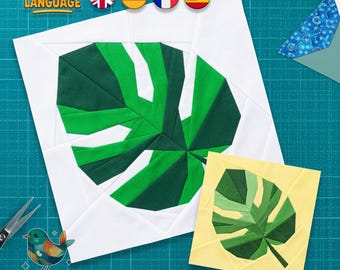 Monstera Leaf Quilt Block Pattern, Foundation Paper Piecing, Tropical Leaves FPP, Plant Quilt Block, PDF Download
