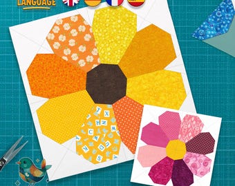 Daisy Bloom Quilt Block, Flower Quilt Pattern, 6 Sizes, 4 Languages, Foundation Paper Piecing, PDF Download