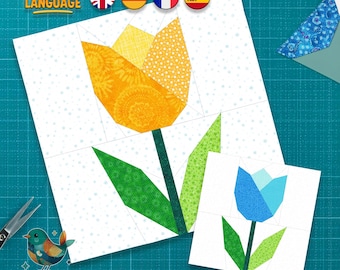 Tulip Quilt Block Pattern: FPP Foundation Paper Piecing, 5 Sizes (PDF Download, 4 Languages)