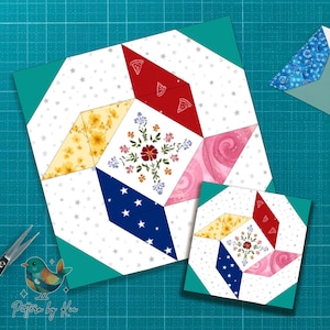 May include: Two colorful quilt blocks, one large and one small, featuring geometric designs. The larger block has red pizza slices, yellow floral, pink swirls, and blue stars. The smaller block mirrors the design. The background is white with gray stars.